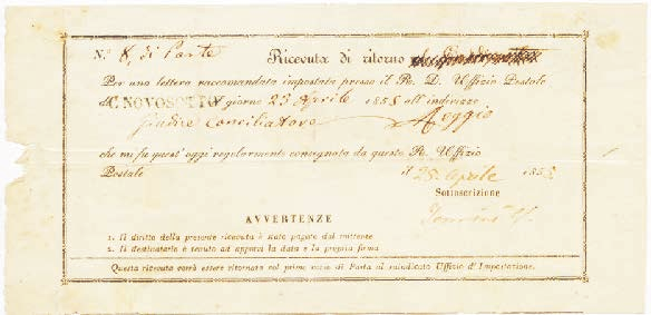 raccomandata spedita il 23 aprile 1855 da Castel