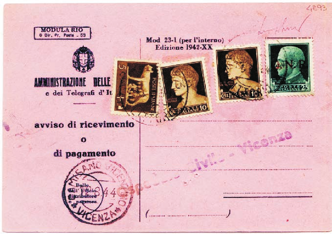 3 Repubblica Sociale Italiana: 27 settembre 1943-25 aprile 1945 Tariffa: VI periodo 16.8.1927-30.9.1944 c. 50 Avviso di ricevimento Mod.