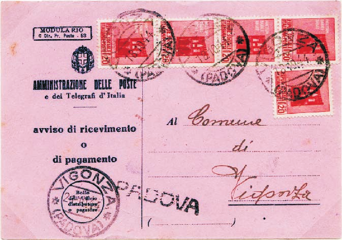 3 Repubblica Sociale Italiana: 27 settembre 1943-25 aprile 1945 Tariffa: VII periodo 1.10.1944-31.3.1945 lire 1 Ricevuta di ritorno Mod.