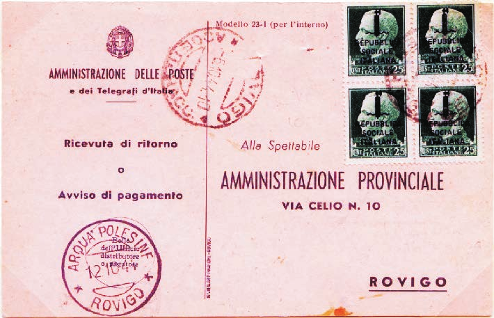 25 della serie Imperiale con sovrastampa Repubblica Sociale Italiana e fascetto - 1944. Avviso di ricevimento Mod.