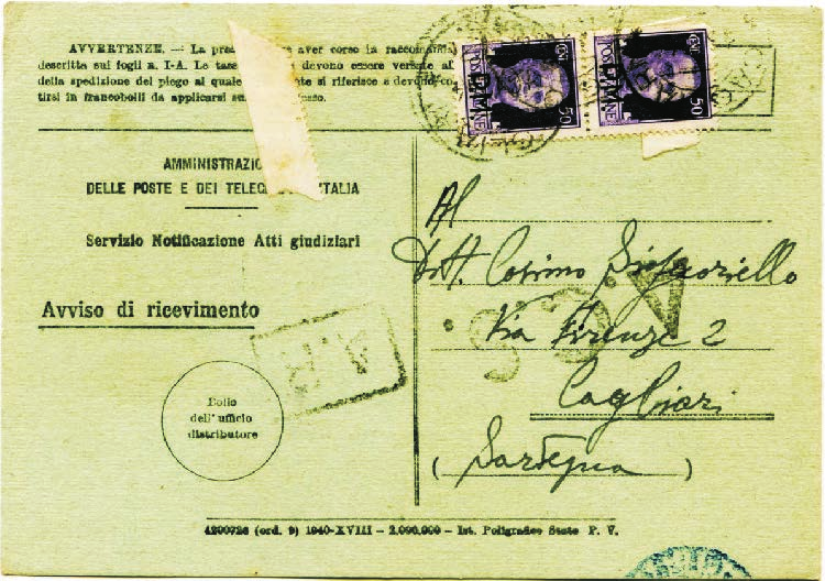 3 Luogotenenza: 6 giugno 1944-8 maggio 1946 Tariffa: VII periodo 1.10.1944-31.3.1945 lire 1 Ricevuta di ritorno, su modello