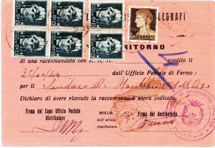 10 + quartina e copia di c. 15 della serie Imperiale - 1929. Ricevuta di ritorno, Mod.