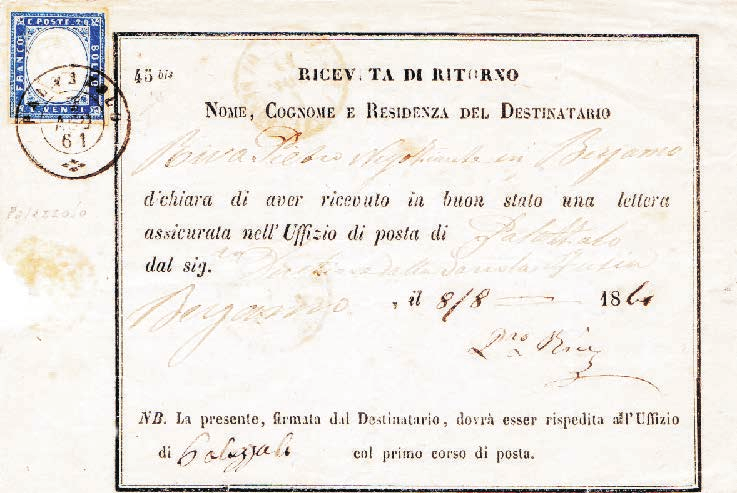 2 Regno d Italia Tariffa: I periodo 1.3.1861-28.2.1919 c. 20 Ricevuta di ritorno Mod.
