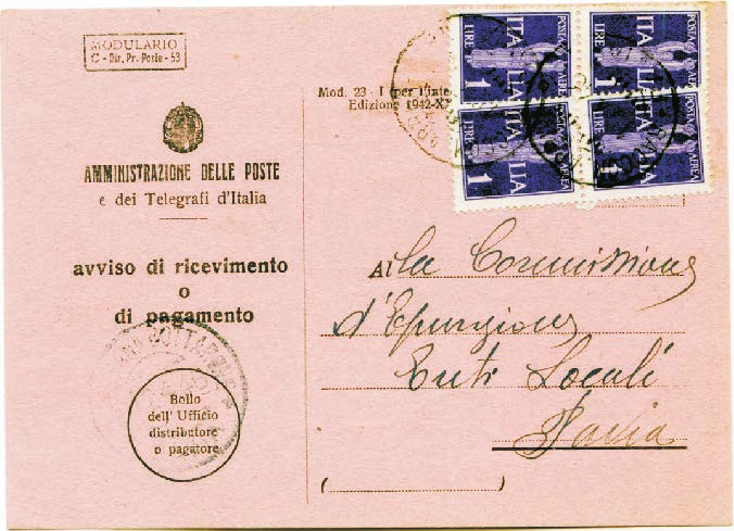 Tariffa di lire 4 assolta con copia del 2 lire serie Imperiale senza fasci - 1945/46. Avviso di ricevimento Mod.