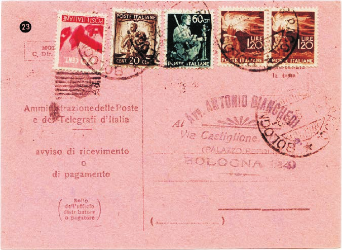 Tariffa di lire 4 assolta con striscia di tre di c. 10 + lire 3,70 della serie Imperiale - 1929. Avviso di ricevimento Mod.