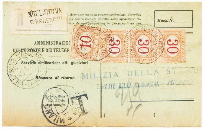 4 Regno d Italia - Tassa a carico del destinatario Tariffa: VI periodo 16.8.1927-30.9.1944 c. 50 Ricevuta di ritorno, Mod.