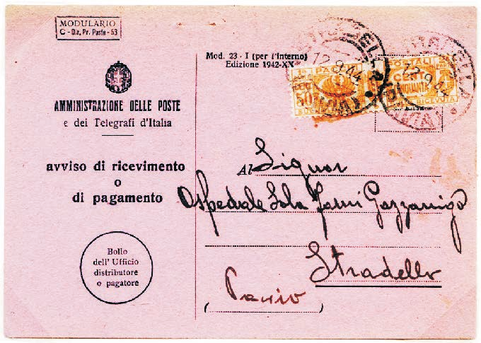 aprile 1944 da Cortemilia a Bardonecchia. Tariffa assolta con c. 50 della serie Soggetti allegorici Posta Aerea 1930-32.