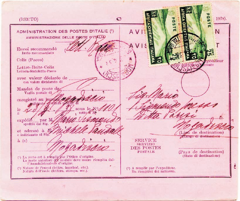 6 Regno d Italia : Colonie italiane - Somalia Tariffa: VI periodo 16.8.1927-30.9.1944 c. 50 Avviso di ricevimento, Mod.