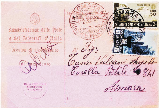 Avviso di ricevimento, Mod. 23 I edizione 1937, di una lettera raccomandata spedita il 3 febbraio 1941, affrancato in tariffa ridotta di c.