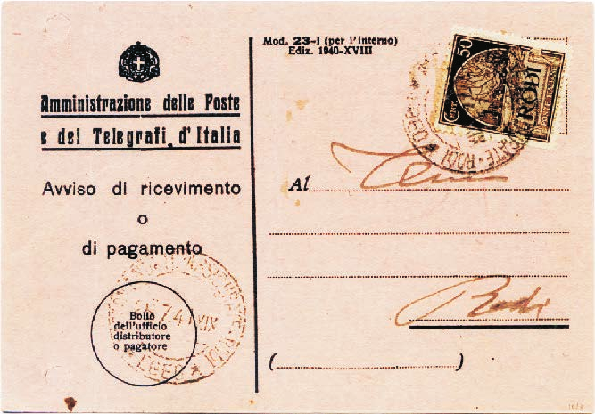 6 Provincia italiana: Rodi 1912-1943 Tariffa: VI periodo 16.8.1927-30.9.1944 c. 50 Avviso di ricevimento per vaglia postale n. 3647 di lire 1.