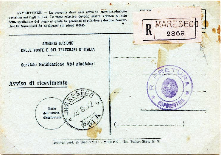 23 L di una raccomandata Atti Giudiziari spedita il 5 novembre 1931da Villa del Nevoso (Fiume) a Torrenova di Bisterza.