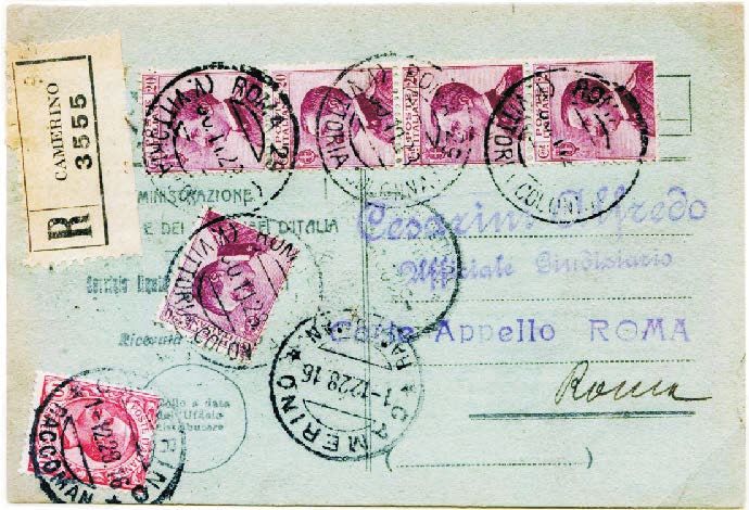 8 Regno d Italia - Uso negli altri servizi postali: Raccomandate Tariffa: VI periodo 16.8.1927-30.9.1944 c. 50 Ricevuta di ritorno raccomandata Mod.
