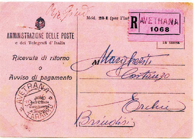 60 assolti con striscia di quattro e singolo di c. 20 + c. 10 della serie Effigie V. E. III - 1908-26. Ricevuta di ritorno raccomandata, Mod.