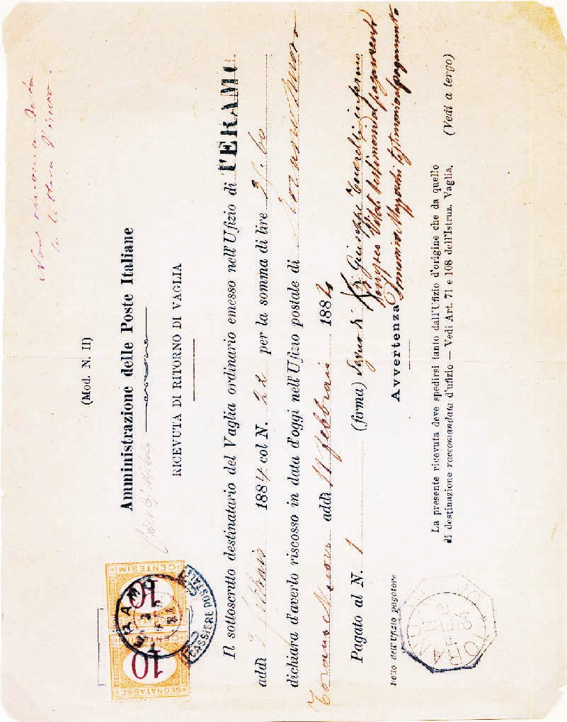 8 Regno d Italia - Uso negli altri servizi postali: Vaglia Tariffa: I periodo 1.3.1861-28.2.1919 c. 20 Ricevuta di ritorno Mod.