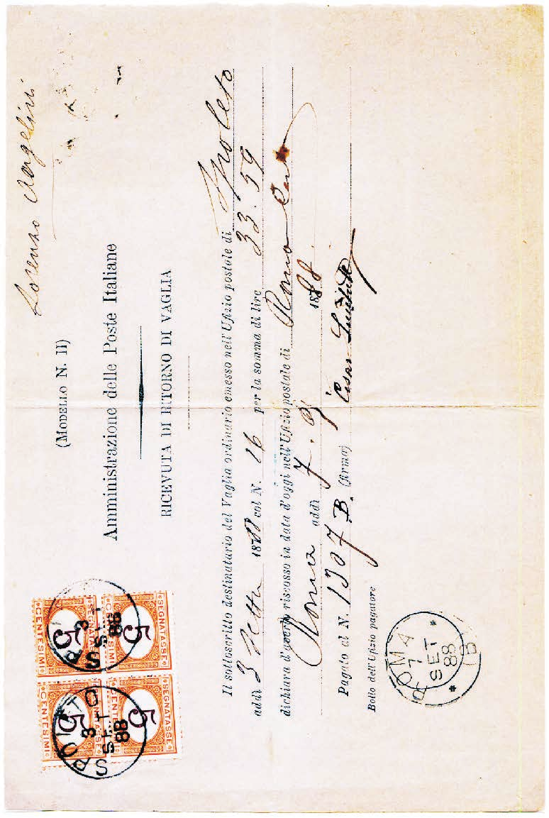 8 Regno d Italia - Uso negli altri servizi postali: vaglia Tariffa: I periodo 1.3.1861-28.2.1919 c. 20 Ricevuta di ritorno Mod.