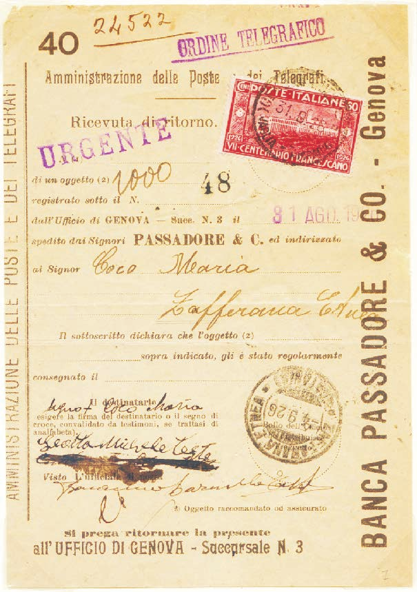 8 Regno d Italia - Uso negli altri servizi postali: Telegrammi Tariffa: V periodo 16.3.1925-15.8.1927 c. 60 Ricevuta di ritorno Mod.
