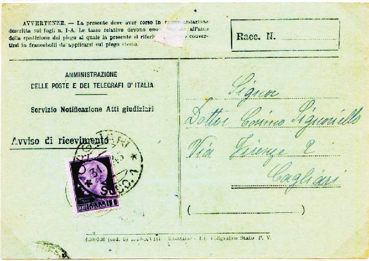 8 Luogotenenza - Uso negli altri servizi postali: Atti giudiziari Tariffa: V periodo 16.3.1925-15.8.1927 c. 60 Tariffa: VII periodo 1.10.1944-31.3.1945 lire 1 Ricevuta di ritorno raccomandata, Mod.