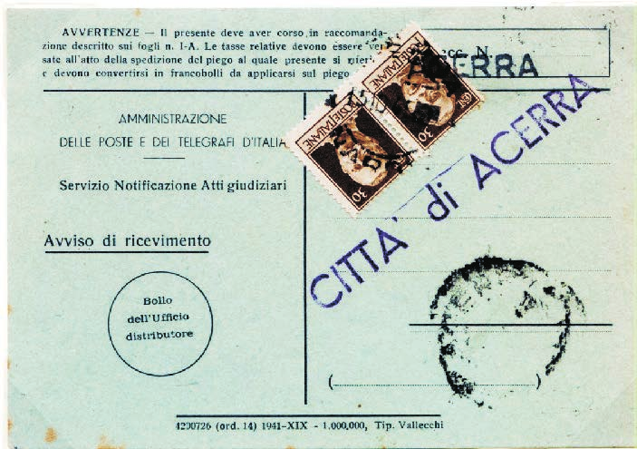 Tariffa assolta con francobollo di lire 2 Espresso aereo - 1934 (inconsueto l uso dell espresso posta aerea negli A/R). Avviso di ricevimento Mod.