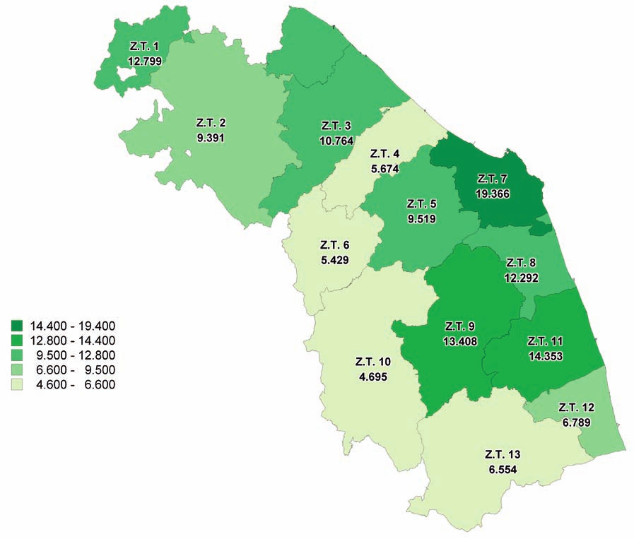 Fig. 6 Numero immigrati regolari, per Zona Territoriale. Regione Marche, anno 2008.