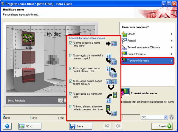 Attivazione/disattivazione delle transizioni di menu Mediante il comando Transizioni dei menu è possibile definire quali transizioni riprodurre nel menu.