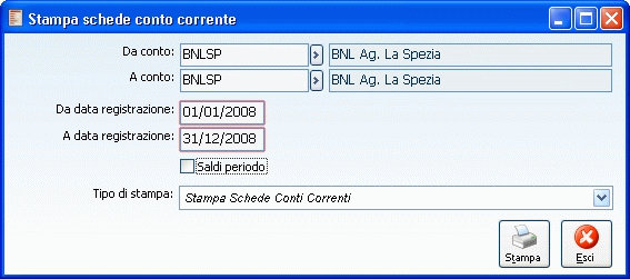 C O N T I C O R R E N T I - A D H O C R E V O L U T I O N Stampa Schede C/C Questa funzione consente di ottenere una stampa dei movimenti di C/C relativi a tutti i Conti Correnti o solo ad una