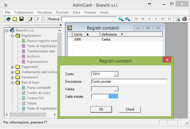 Impostare i registri contabili Aprire la cartella Registrazioni poi [Nuovo registro contabile] e aggiungerne uno nuovo con l aiuto del menu Trattamento - Nuovo.