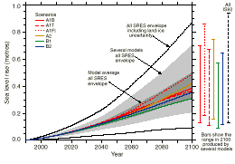 Gli scenari di aumento del livello medio dei mari entro il 2100 Fonte: Intergovernmental Panel on Climate Change (IPCC), Third Assessment Report, Working Group I Cambiamenti osservati e previsti