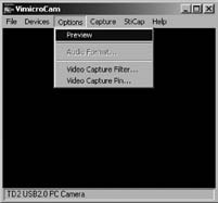 In VimicroCam aprire il menu Options, selezionare la voce Preview, l opzione che consente di vedere l immagine.