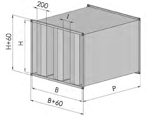 Silenziatori SL Dimensioni Dimensioni in sezione Dimensioni in 3D Costruzione I silenziatori rettangolari della serie SL sono costituiti da un telaio in lamiera zincata di spessore minimo 1 mm, con