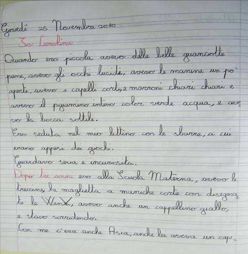 -produzione di testi descrittivi in prima persona: testo autobiografico dove oltre ai dati visivi delle foto, subentra la memoria personale -lettura di testi appoggio come modello per la produzione