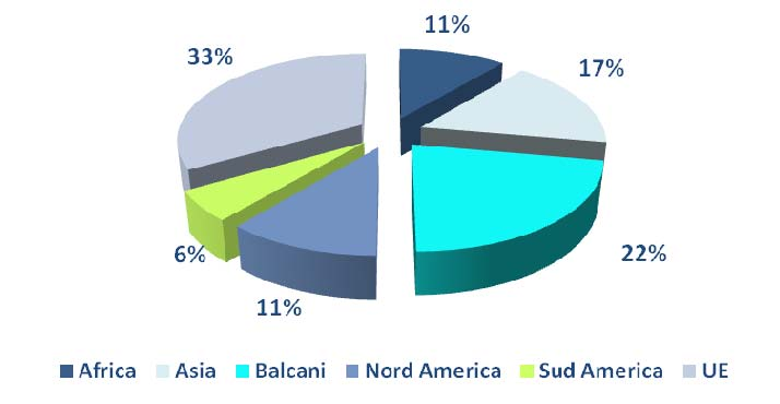 La figura mostra chiaramente la predominanza dell UE (circa un terzo dei progetti) e dei Balcani (oltre il 20% dei progetti). Figura 19: Localizzazione progetti all estero Fonte: IEFE 2010.