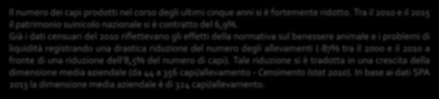 Tra il 2010 e il 2015 il patrimonio suinicolo nazionale si è contratto del 6,9%.