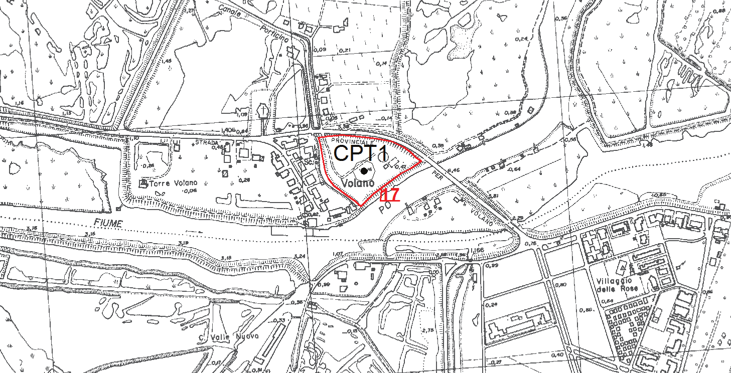 14.1 AREA 17 CPT1 FIGURA 14.1.1 - Area 17, SCALA 1:10.000 L AREA 17 è ubicata ad ovest dell abitato di Volano, ed è indicata come un ambito per potenziali nuovi insediamenti urbani (FIGURA 14.1.1).