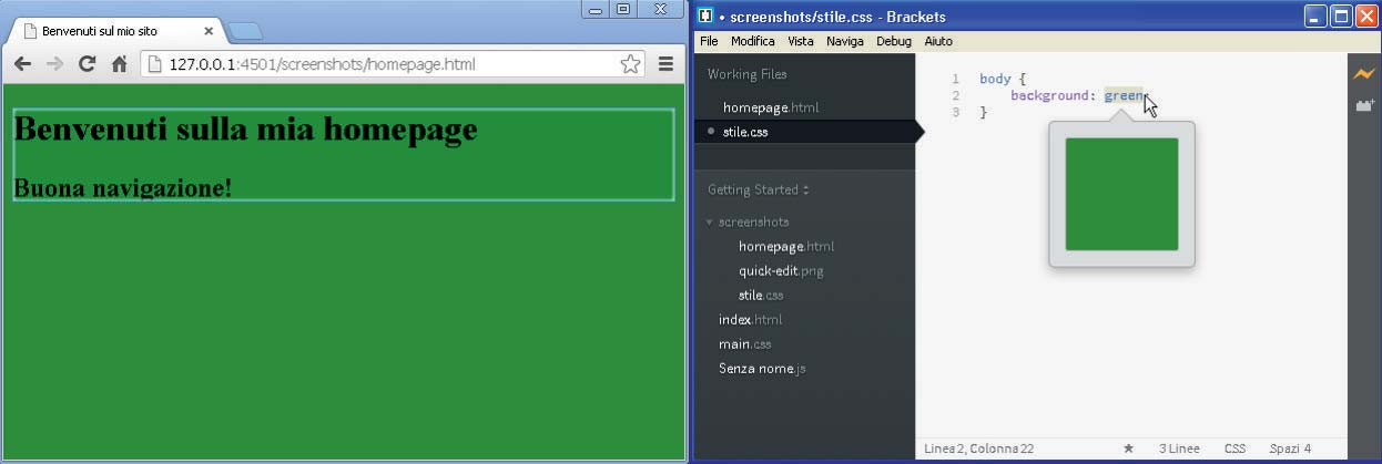 Cambiando il colore nel CSS, la modifica viene subito riportata nel browser.