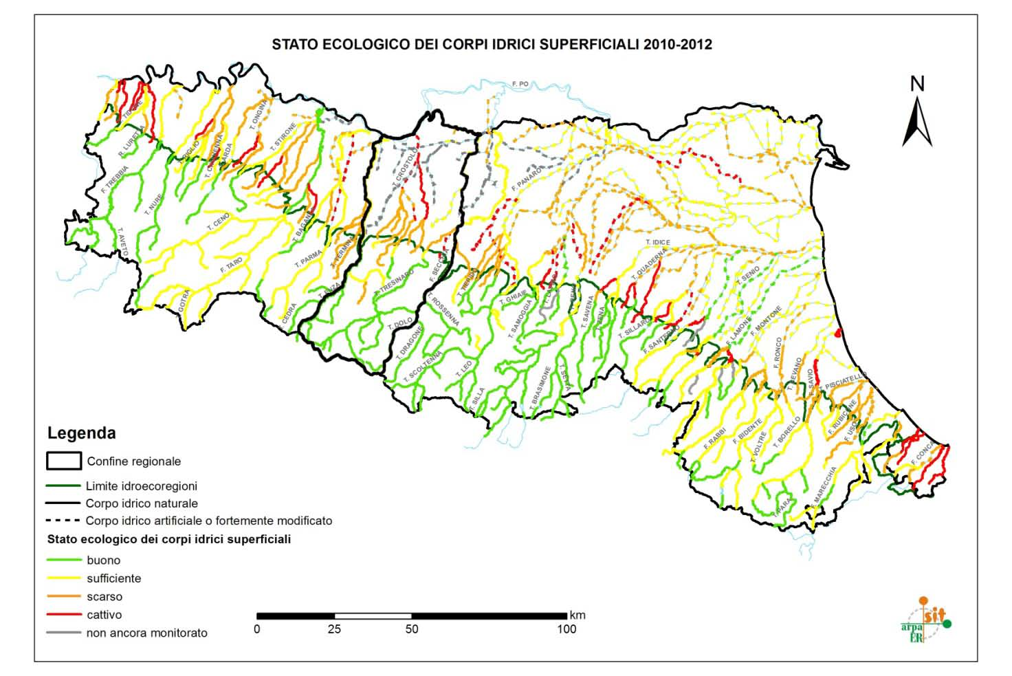 Figura 37: Stato Ecologico dei corpi idrici regionali 2010-2012