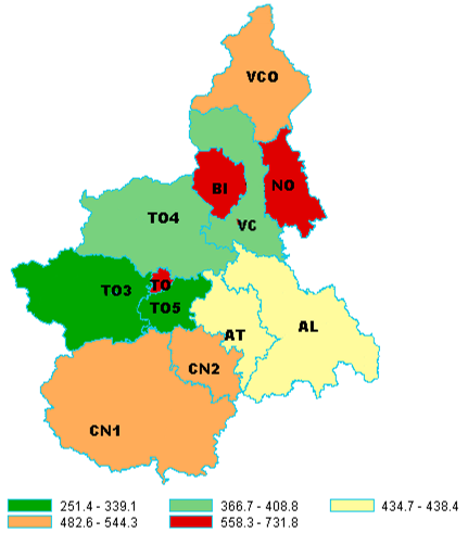 Nella figura che segue si rappresenta in maniera grafica la prevalenza della Dialisi nei diversi territori della Regione Piemonte (pannello A) rispetto a quella dei pazienti trapiantati (pannello B).