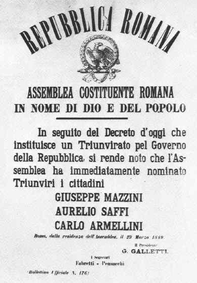 COSTITUZIONE REPUBBLICA ROMANA (1849) Art. 1 - La sovranità è per diritto eterno nel popolo. Il popolo dello Stato Romano è costituito in repubblica democratica. Art. 3 - La Repubblica con le leggi e con le istituzioni promuove il miglioramento delle condizioni morali e materiali di tutti i cittadini.