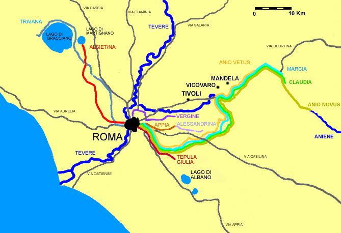 L'acquedotto Traiano entrava a Roma dal Gianicolo e il suo castello terminale era situato sulla vetta del