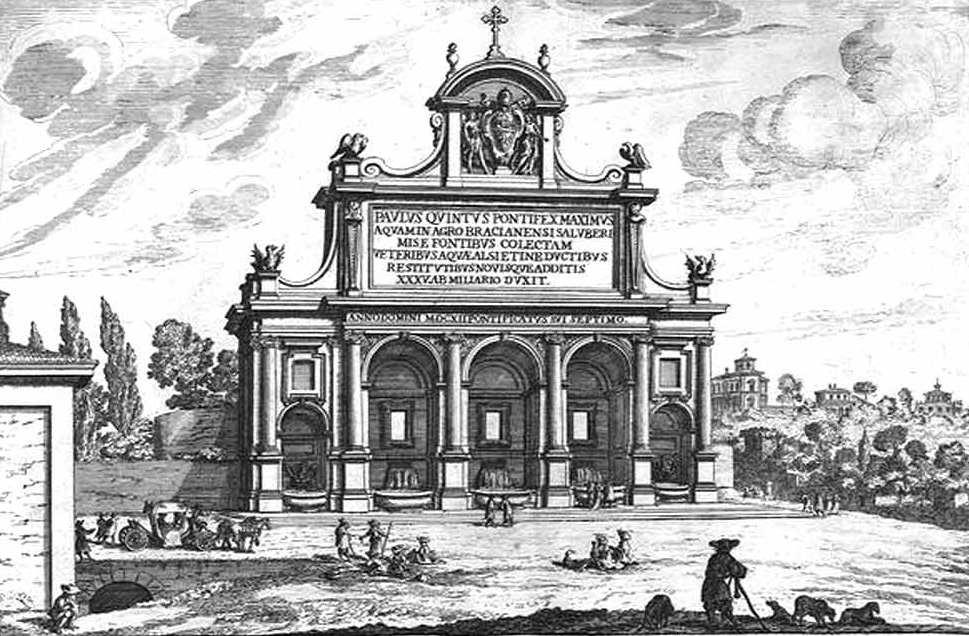 Incisione del XVII secolo di Giovan Battista Falda Originariamente il fontanone non aveva alla base la grande vasca, ma