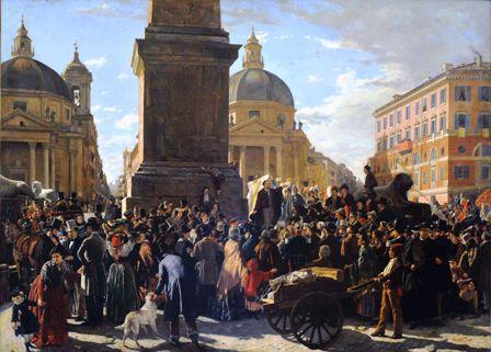 Angelo Brunetti, detto Ciceruacchio, mentre arringa la folla a Piazza del Popolo a sostegno di Pio IX,