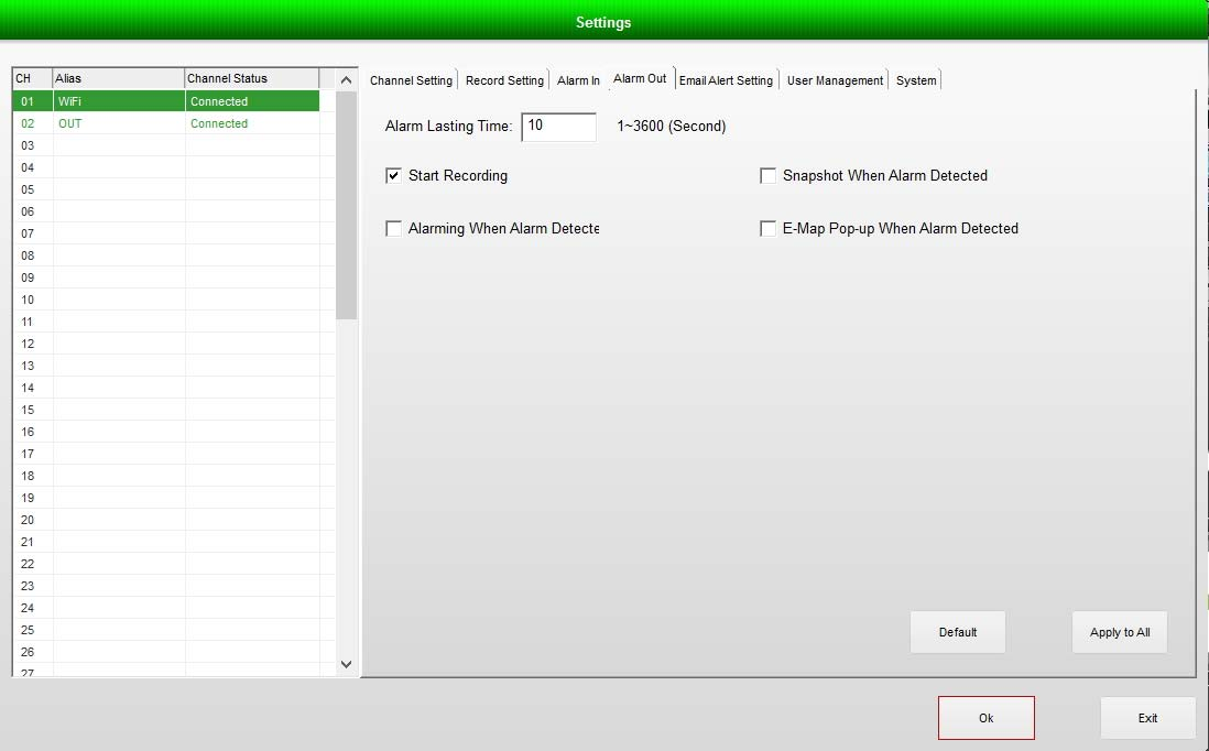 Cliccare su Alarm Out e selezionare Start Recording. Cliccare infine su OK. E possibile inoltre forzare la registrazione di tutti i canali semplicemente premendo su tasto Record All.