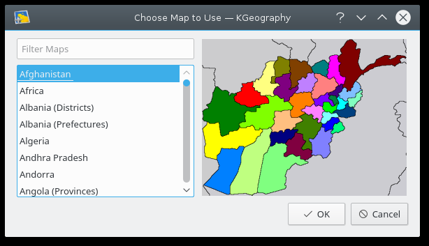 Capitolo 2 Introduzione rapida a KGeography Quando avvii KGeography per la prima volta, ti chiede per prima cosa di scegliere una mappa con cui iniziare.