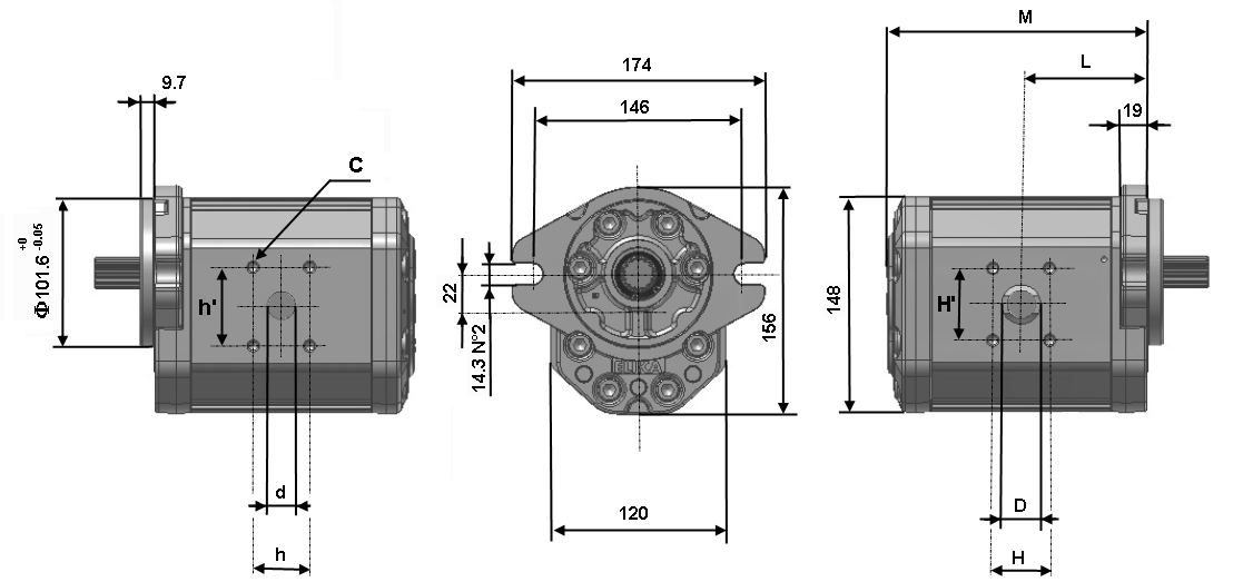 ELI3A Mandata Aspirazione Pompa Portata Pressioni di lavoro Velocità di rotazione Rumorosità a 1 giri/min * Dimensioni Cilindrata a Tipo 1 giri/min P1 Max cont. P2 Max intermitt.