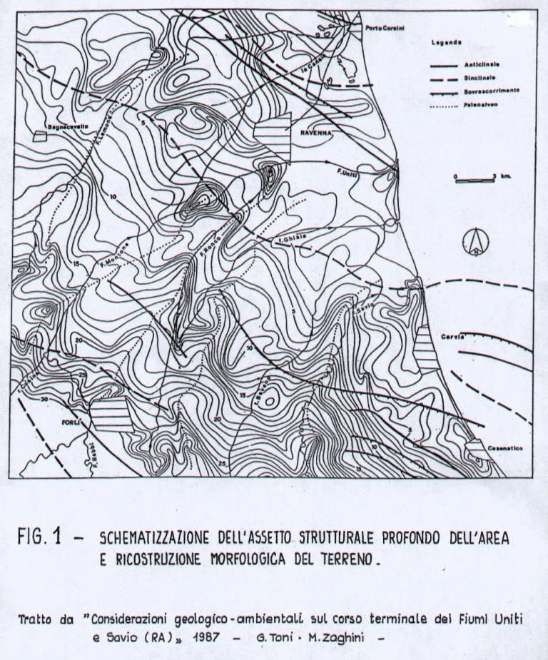 2 padana. Grandi pieghe sinclinaliche sono interposte a più strette pieghe anticlinaliche, formando rilievi e creste sepolte.