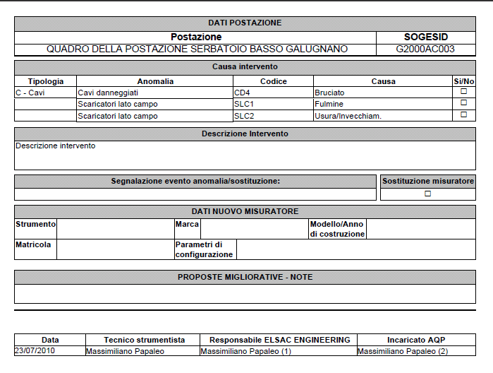 GESTIONE MANUTENZIONE SENSORI E POSTAZIONI Dati di manutenzione relativi alla postazione;