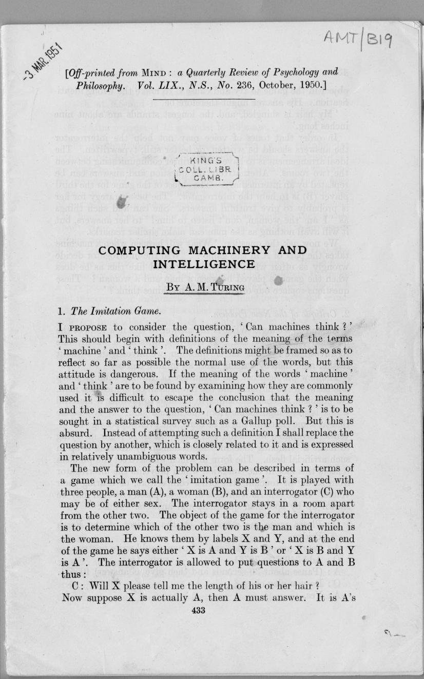 Intelligenza meccanica Computing machinery and intelligence, Mind, Vol. LIX, N.S. No.