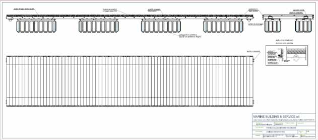 Pontili con galleggianti in polietilene da una parte centrale fissata con viteria inox a speciali longheroni in lega di alluminio EN- AW-6060 T6 e due parti laterali amovibili per l accesso alla
