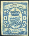 C/Biondi. Cat. 3.000 (U) (f)... 500 - Antichi Stati Tedeschi - Oldemburgo - 1859 - Stemma 1 g. azzurro, n 6. Cat. 60 (U).