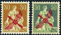 .. 130 - Svizzera - 1919/20 - P.A. Helvetia soprast. con elica alata in rosso, n 1/2. F/AD - ED. C/Biondi. Cat.
