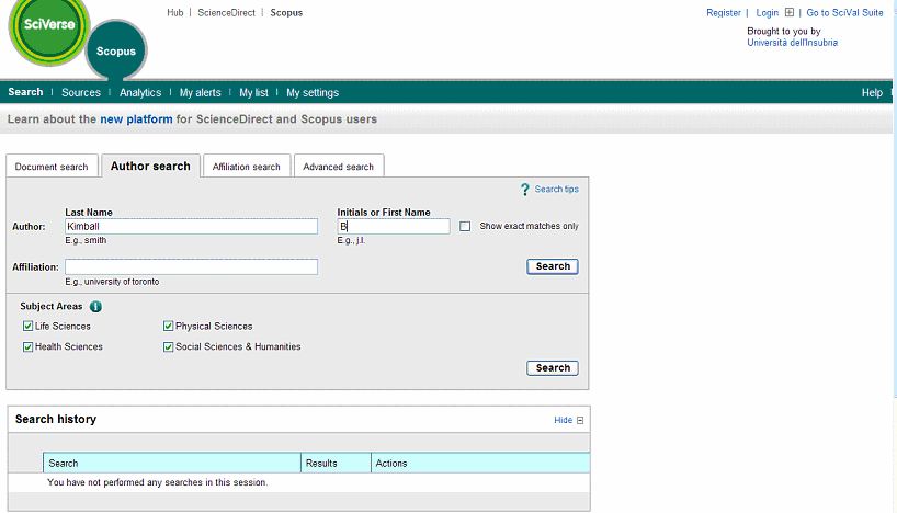 3. In Author Search inserire il cognome e l iniziale del nome dell autore ed eventualmente selezionare le aree disciplinari di riferimento, poi cliccare su Search 4A.